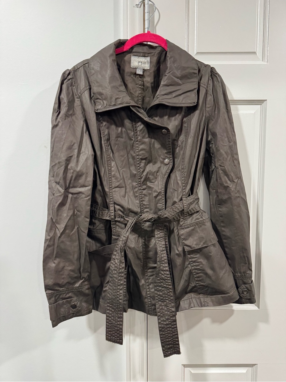 Women's Taupe Utility Belted Jacket with Gathered Shoulders
